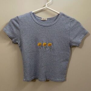 John Galt Brandy Melville Blue Striped Tee with Sunflower Embroidery